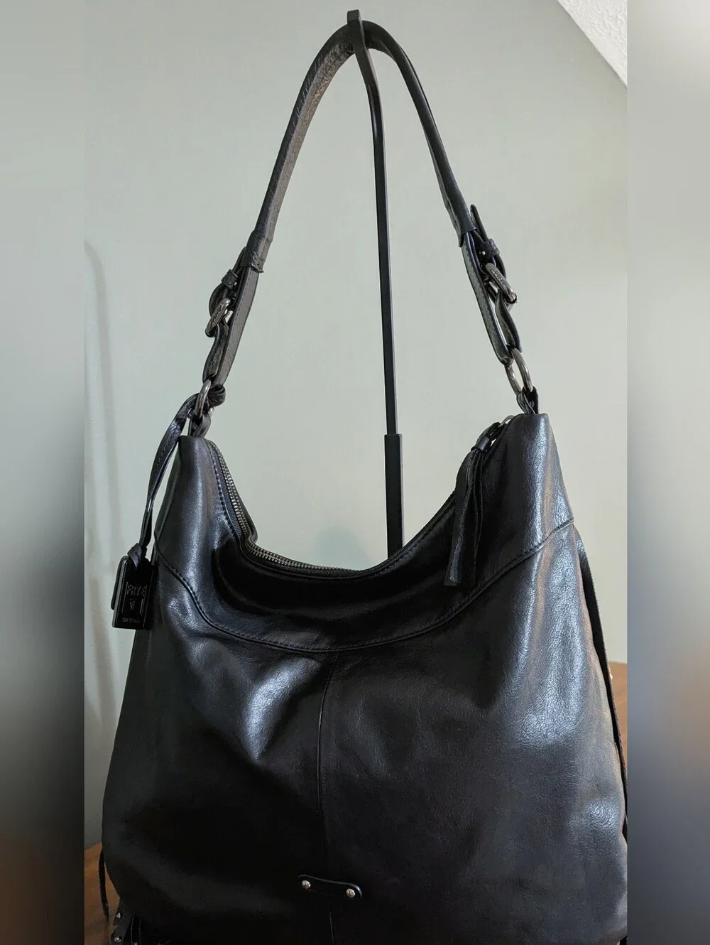 Frye Black Leather Fringe Hobo with Stud Detailing